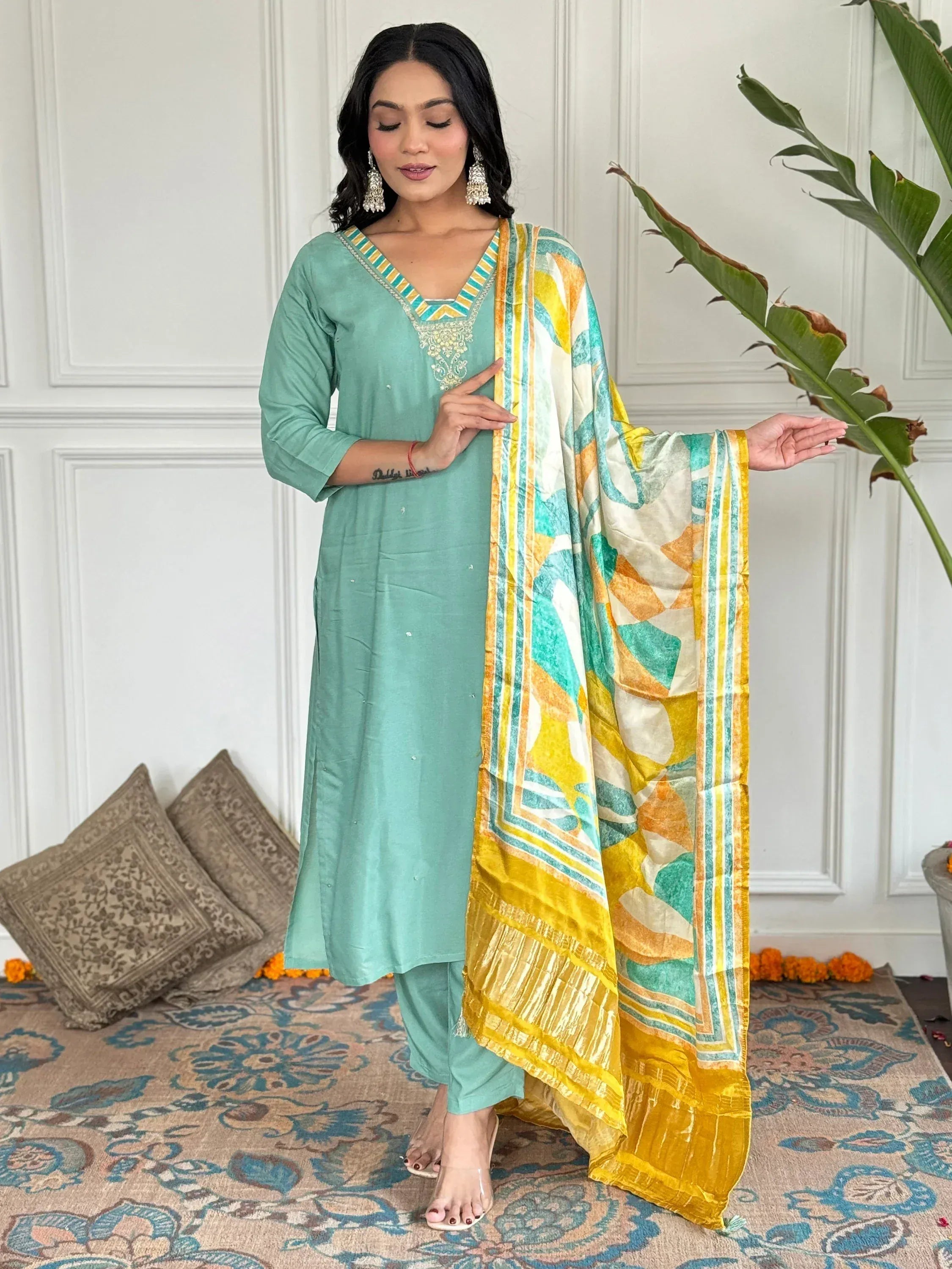Mint green salwar kameez with embroidered neckline and colorful printed dupatta, Indian ethnic wear