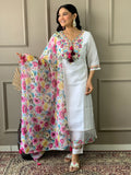 Attractive White Floral Embroidered Chanderi Traditional Pant Suit