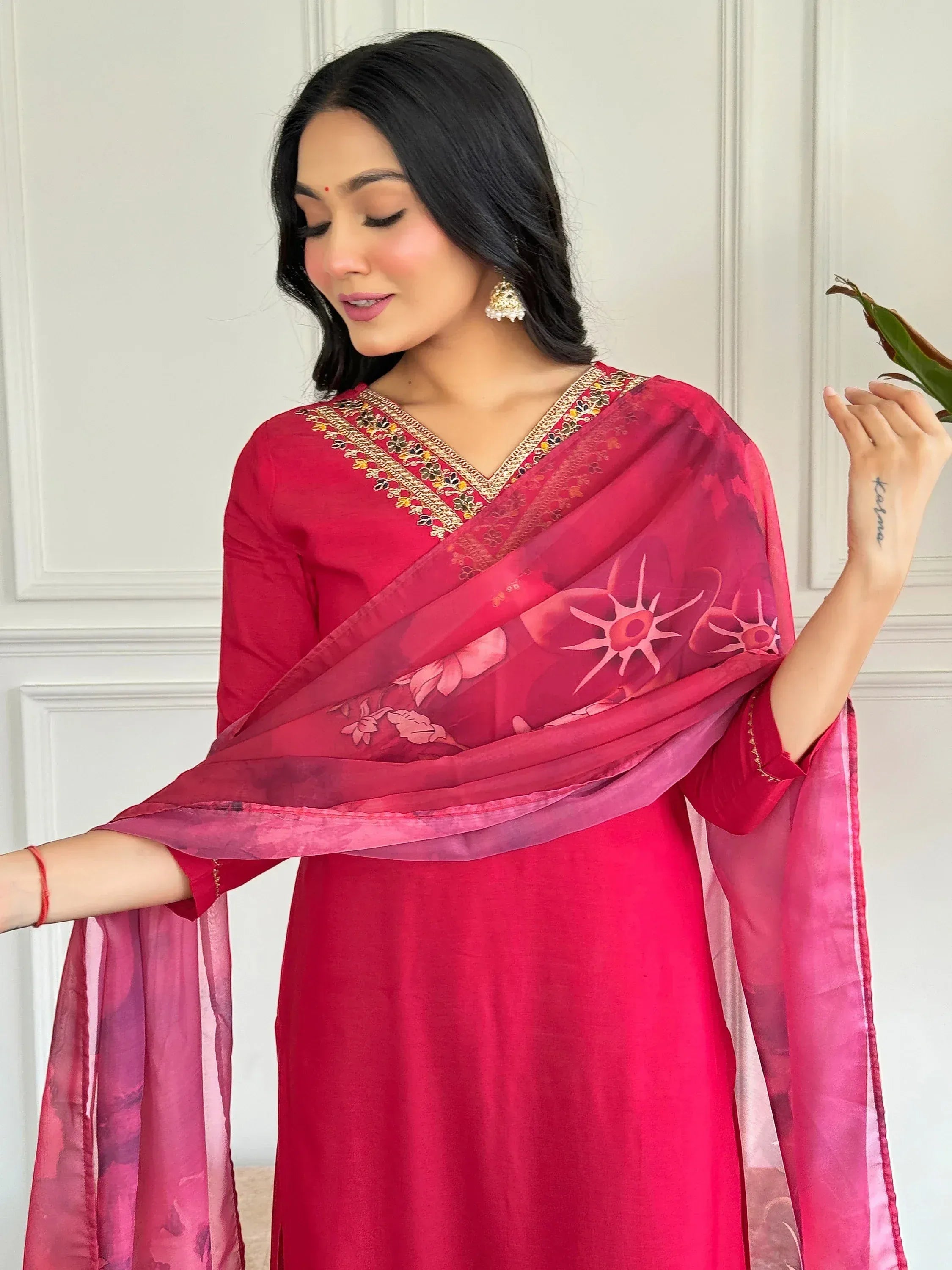 Pink embroidered ethnic kurta with floral dupatta, Indian designer wear for women