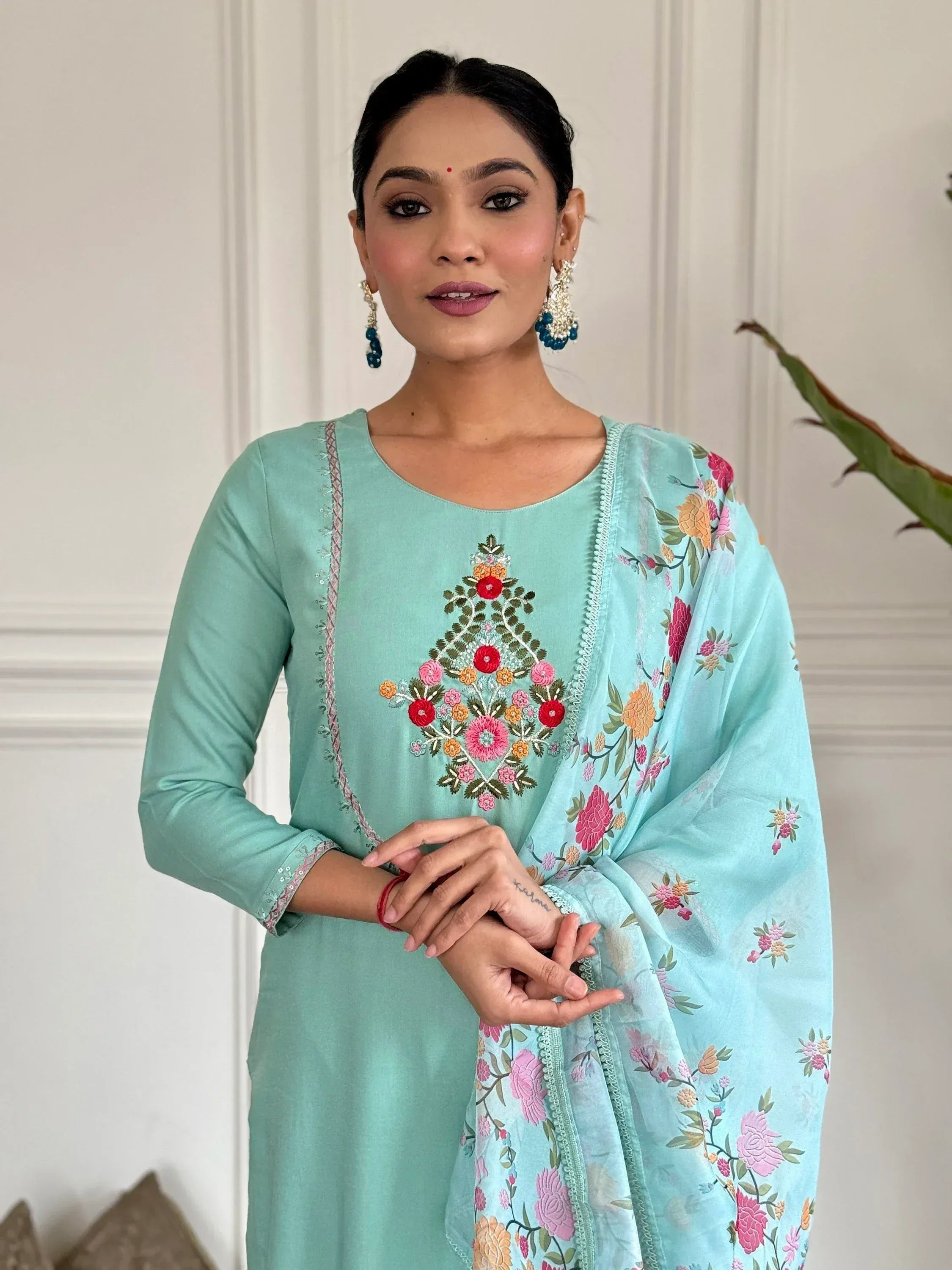Mint green embroidered salwar kameez with floral dupatta, Indian ethnic wear for women