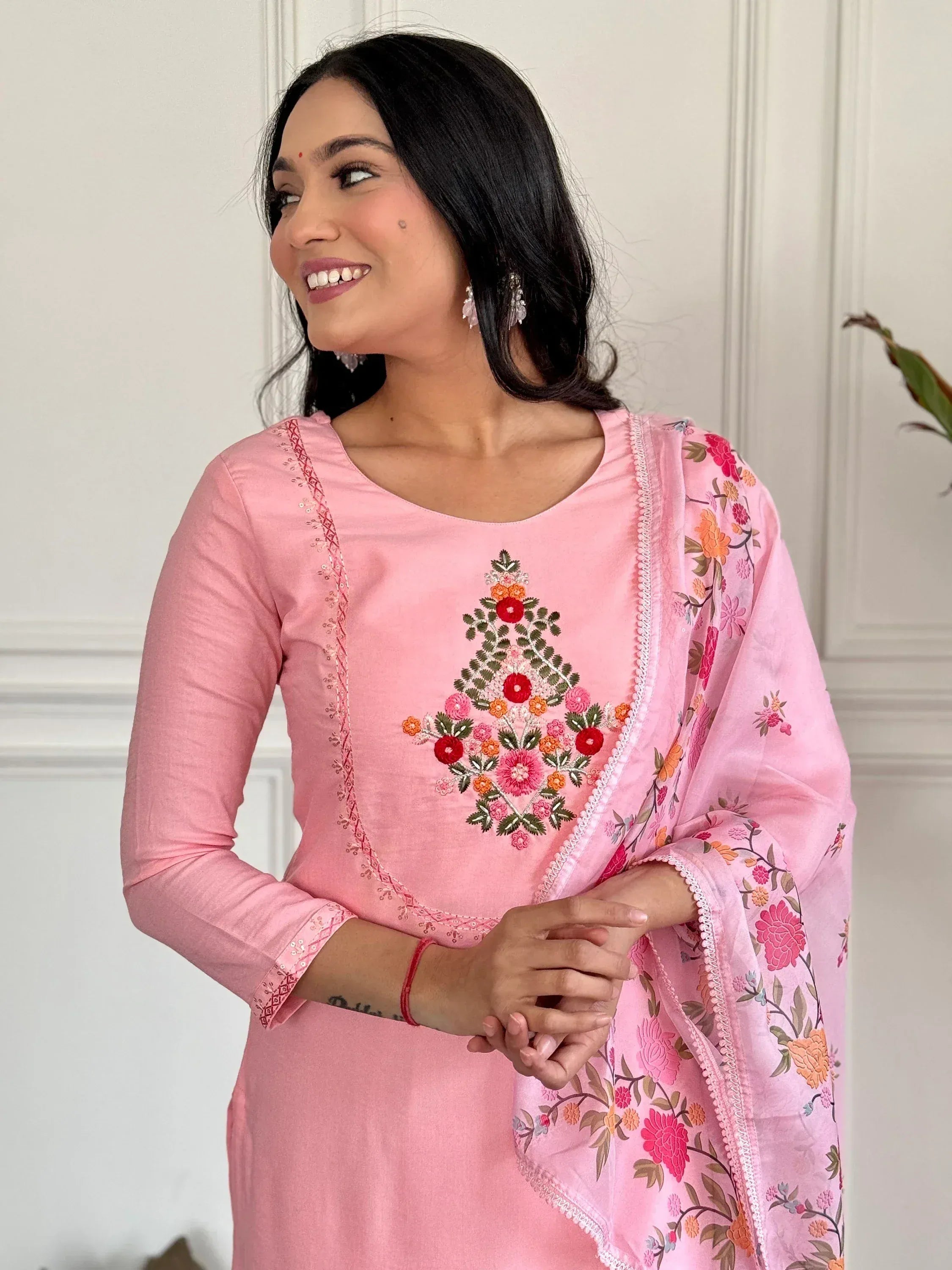 Pink embroidered salwar kameez with floral dupatta, Indian ethnic wear for women
