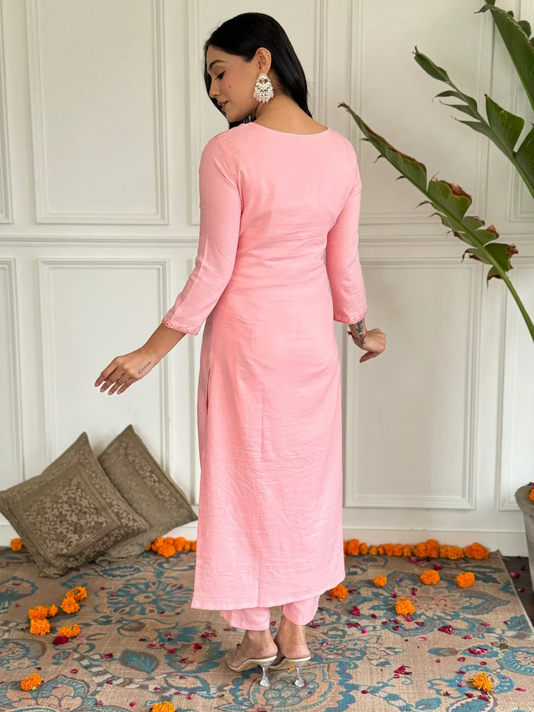 Alluring Peach Floral Embroidered Rayon Festival Wear Pant Suit