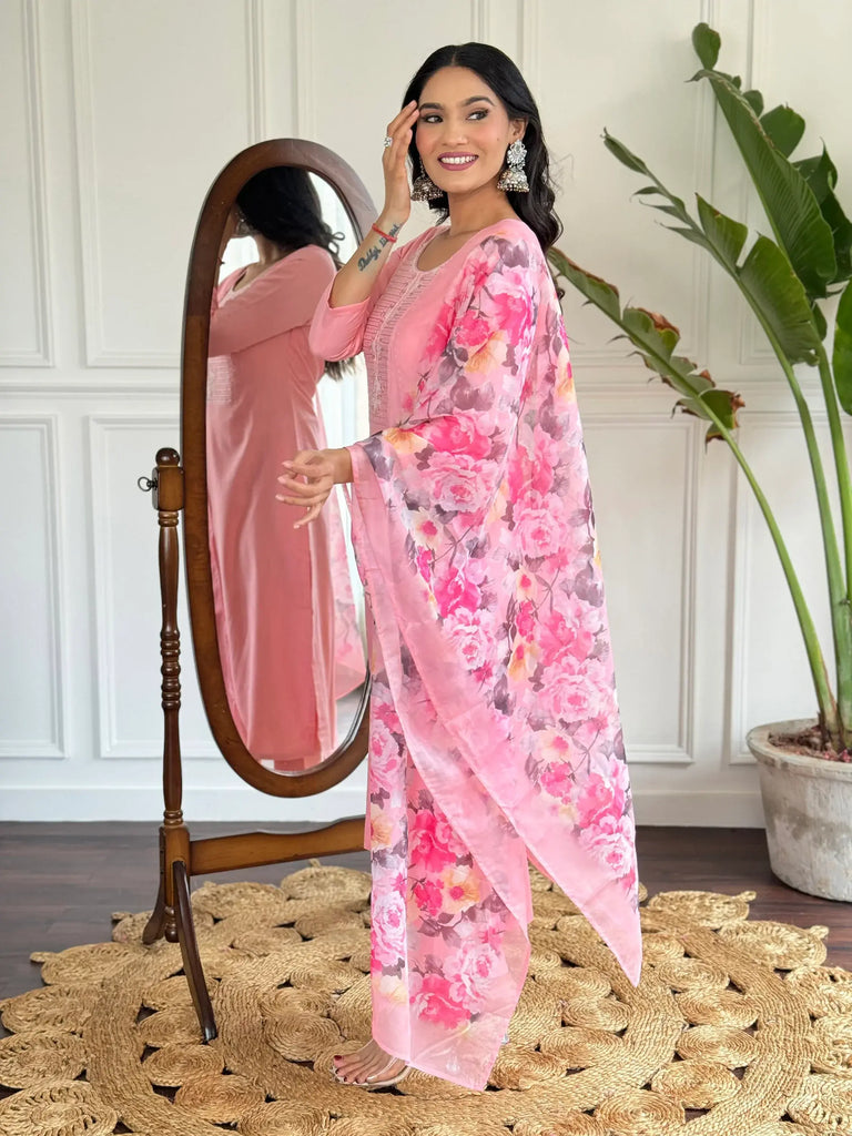 Glamorous Pink Thread Embroidered Rayon Event Wear Pant Suit