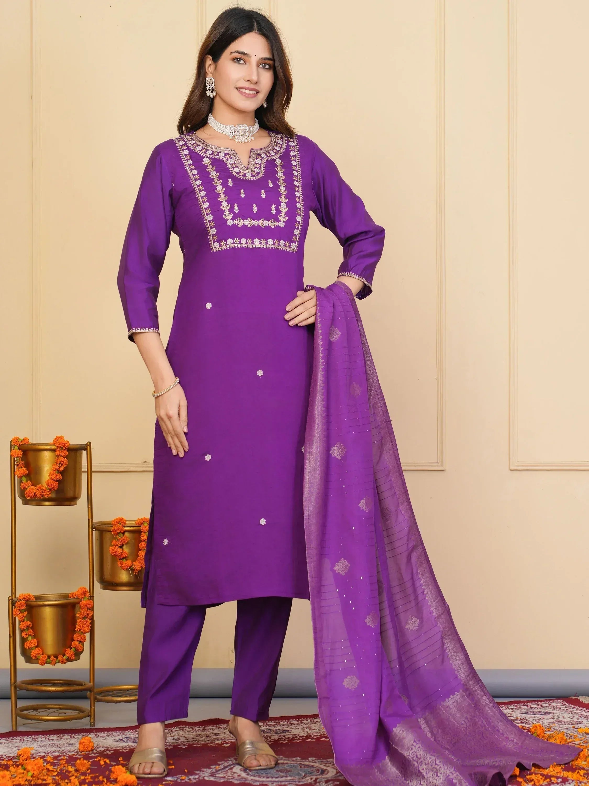 Purple embroidered salwar kameez with matching dupatta, ideal for Indian ethnic occasions
