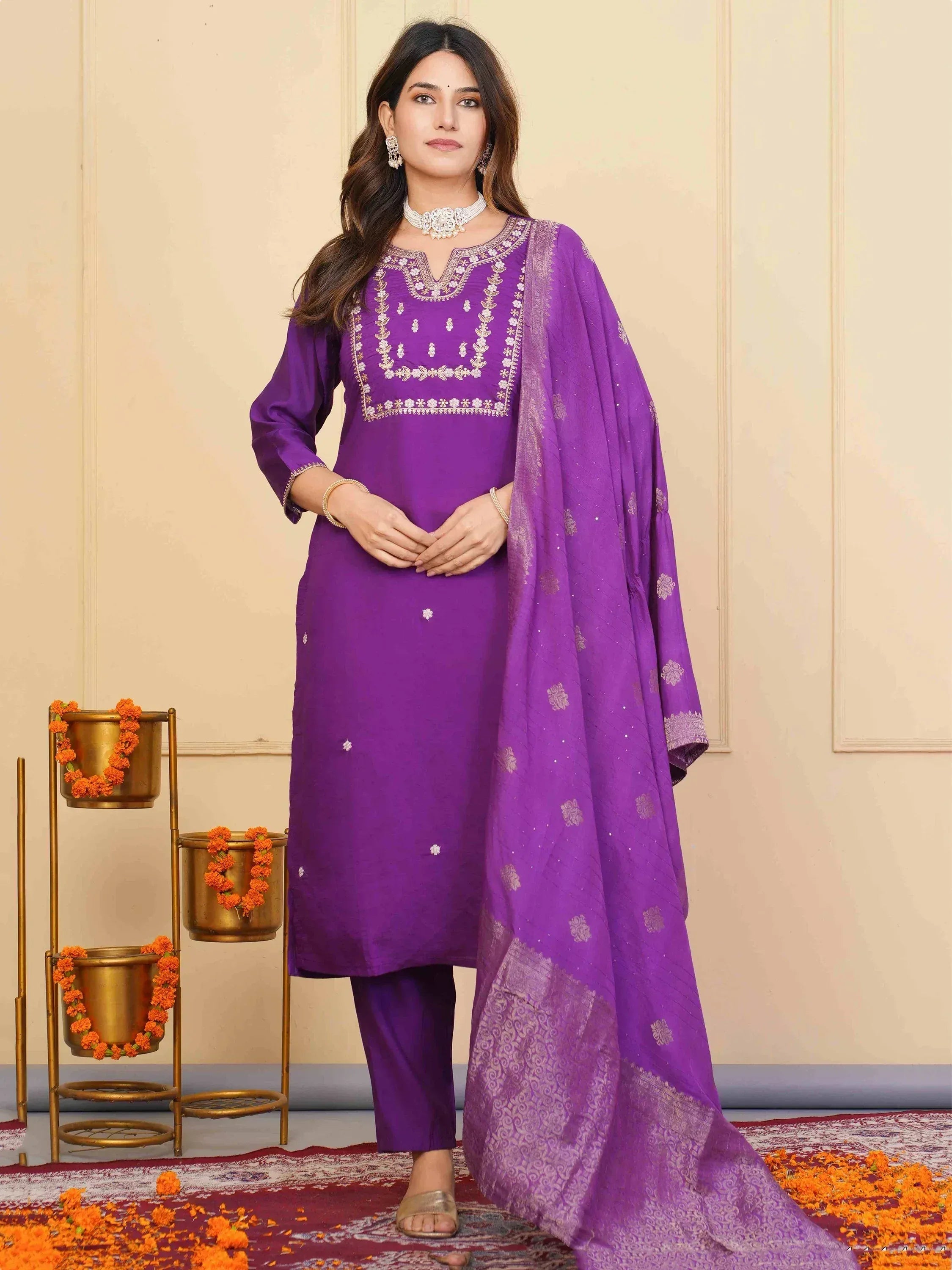 Purple embroidered salwar kameez with matching dupatta, ideal for Indian ethnic wear occasions