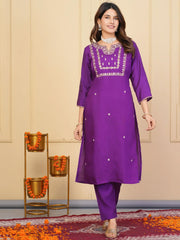 Fabulous Purple Embroidered Viscose Traditional Pant Suit With Dupatta