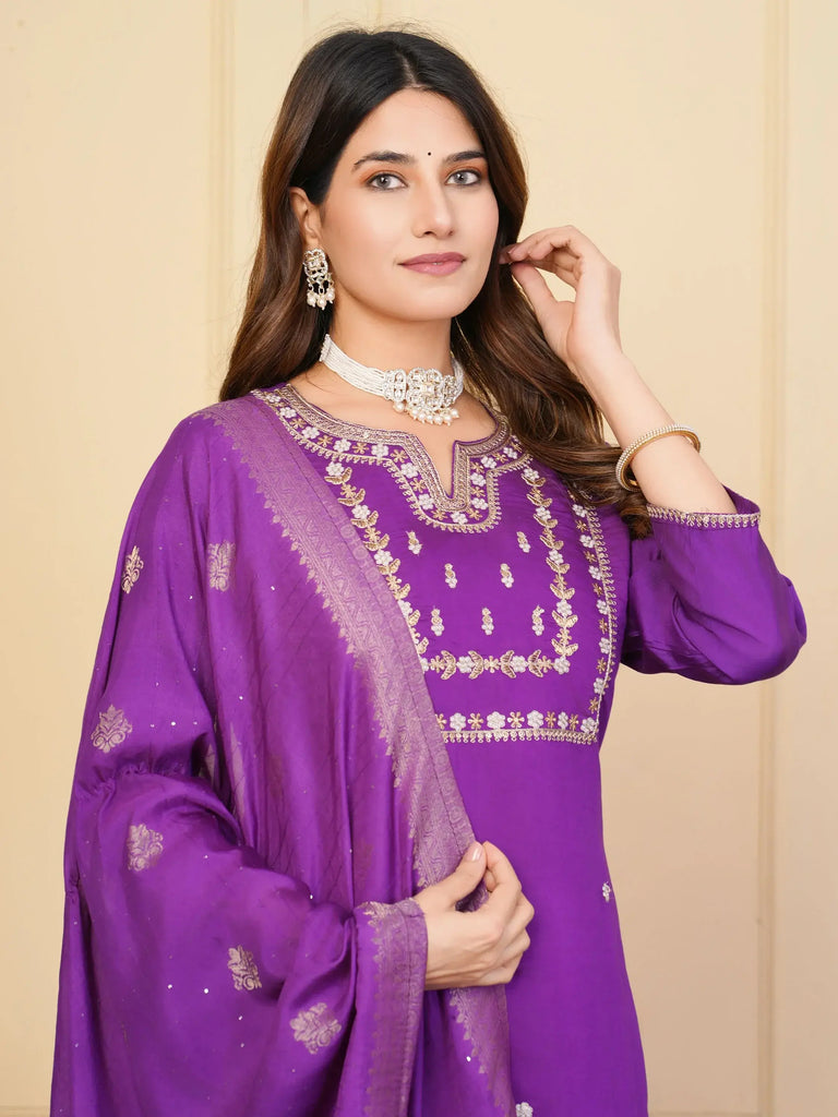 Fabulous Purple Embroidered Viscose Traditional Pant Suit With Dupatta