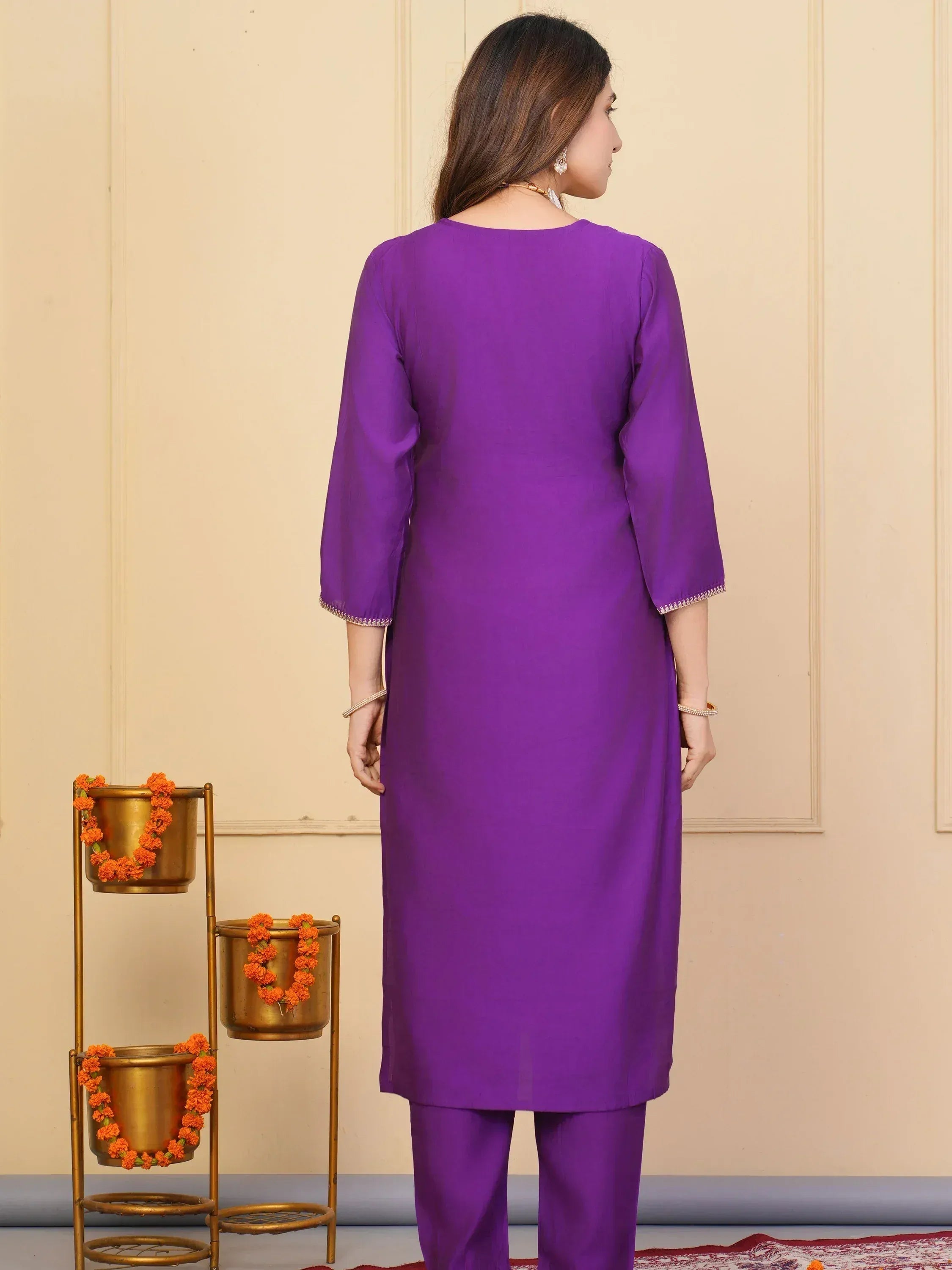 Purple Indian ethnic kurta with matching pants, back view, traditional wear for women