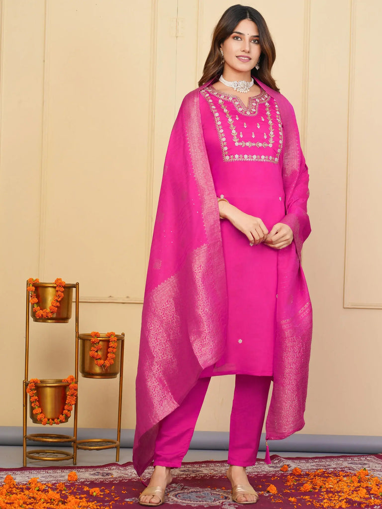 Fantastic Pink Zari Embroidered Viscose Festival Wear Pant Suit