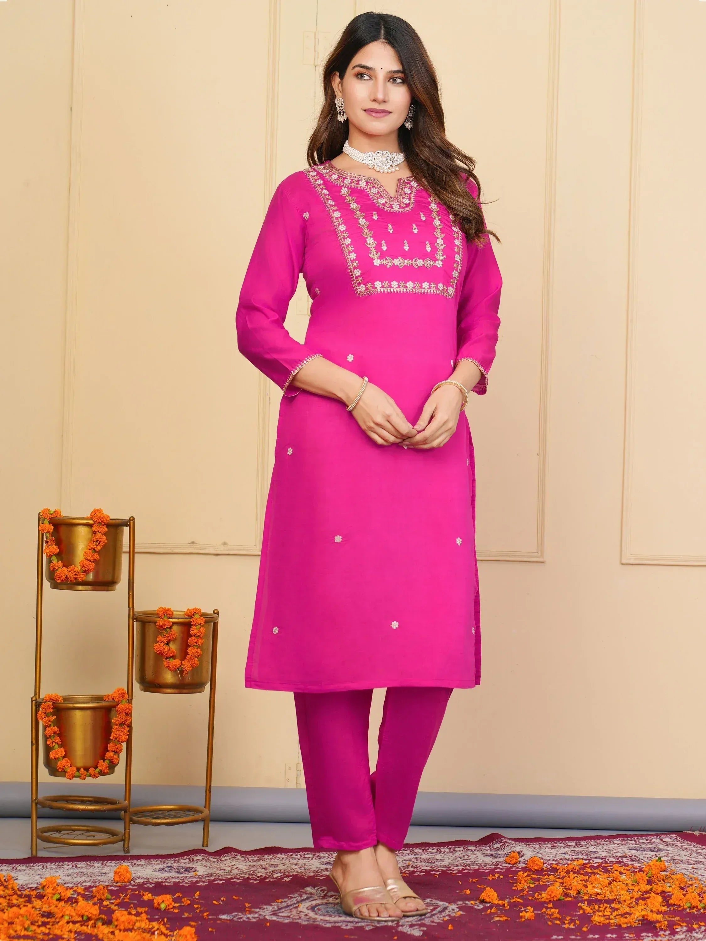 Pink embroidered kurta with matching pants, ethnic Indian wear for women, festive occasion outfit