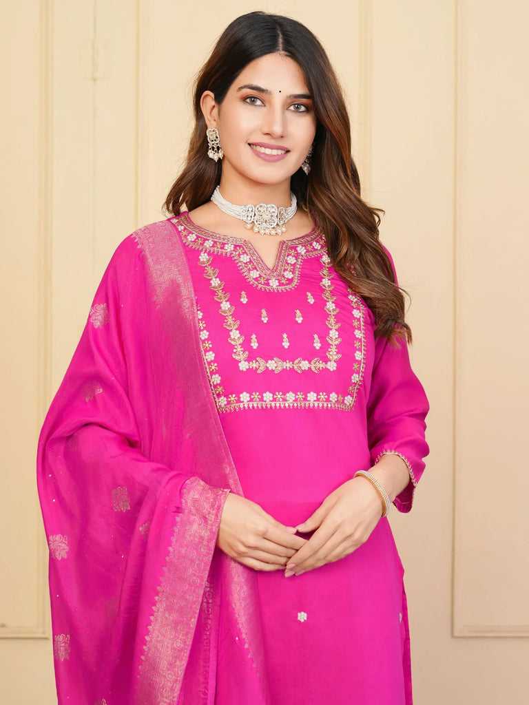 Fantastic Pink Zari Embroidered Viscose Festival Wear Pant Suit