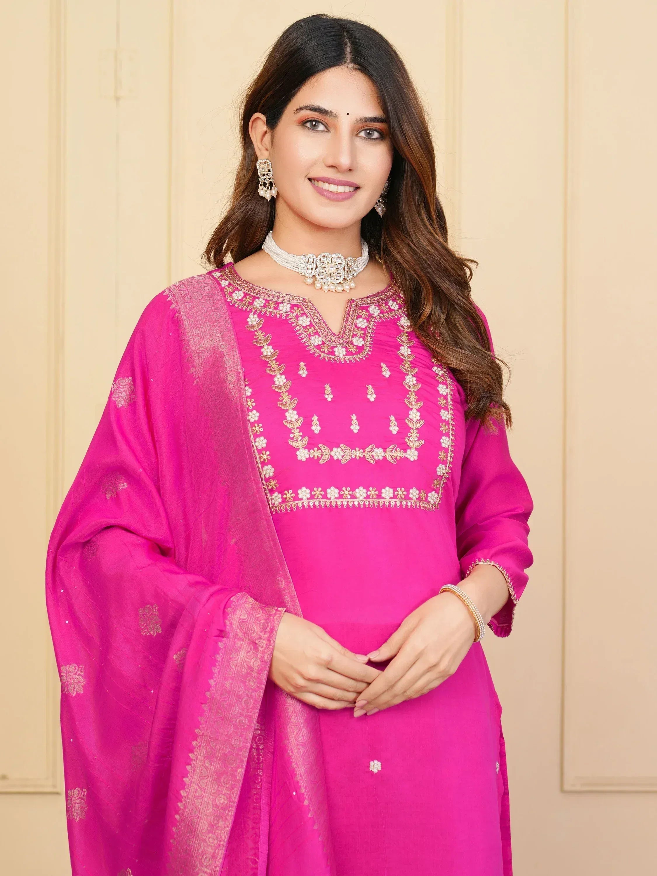 Pink embroidered ethnic kurti with matching dupatta, perfect for Indian festive wear and parties.