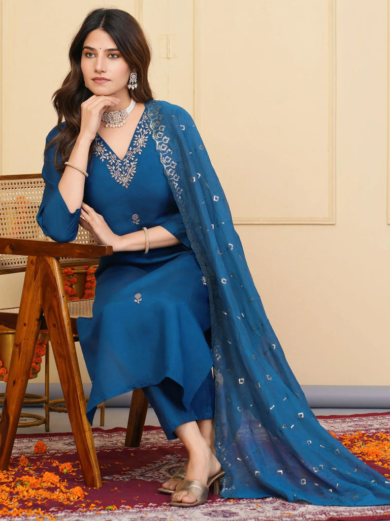 Incredible Blue Embroidered Viscose Pant Suit With Dupatta