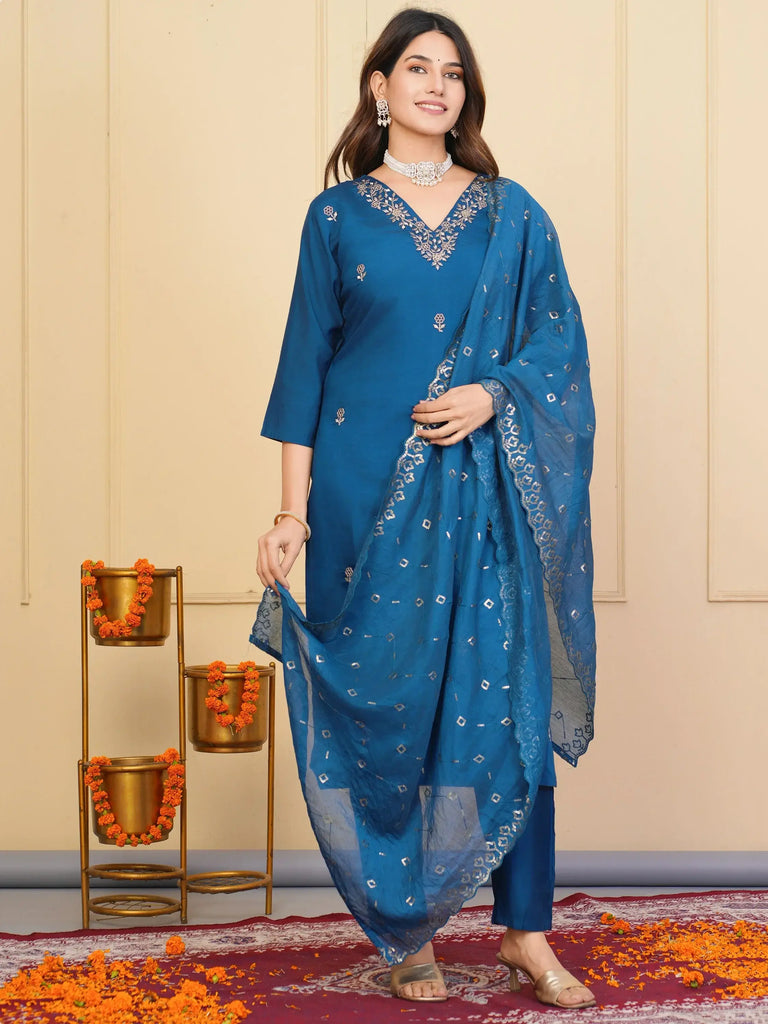 Incredible Blue Embroidered Viscose Pant Suit With Dupatta