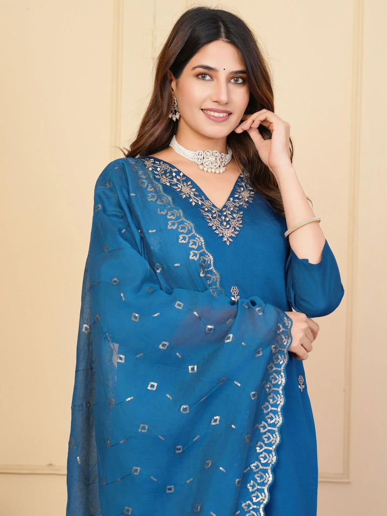 Incredible Blue Embroidered Viscose Pant Suit With Dupatta