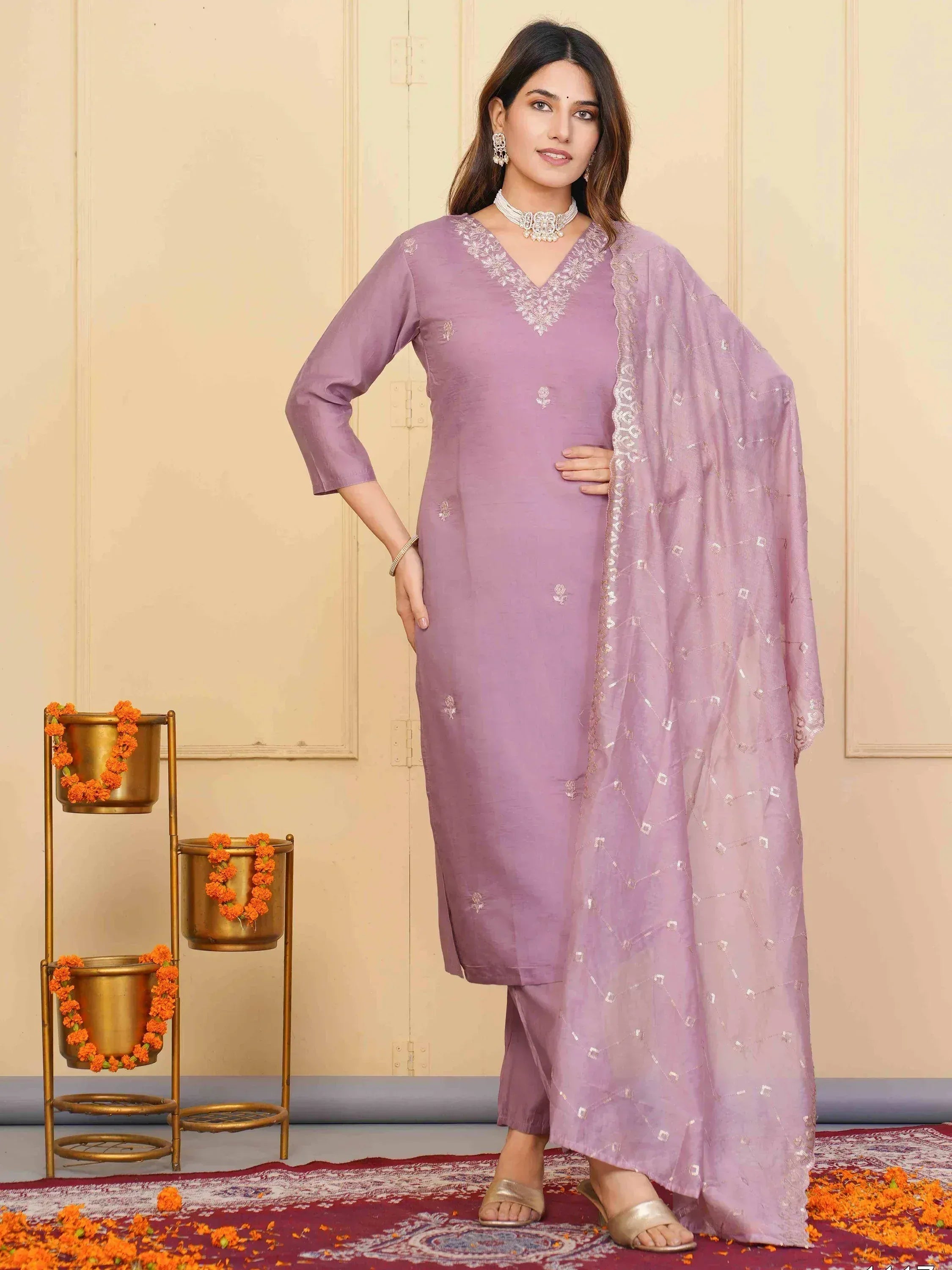 Lavender ethnic salwar kameez with embroidered kurta and dupatta, perfect for Indian occasions