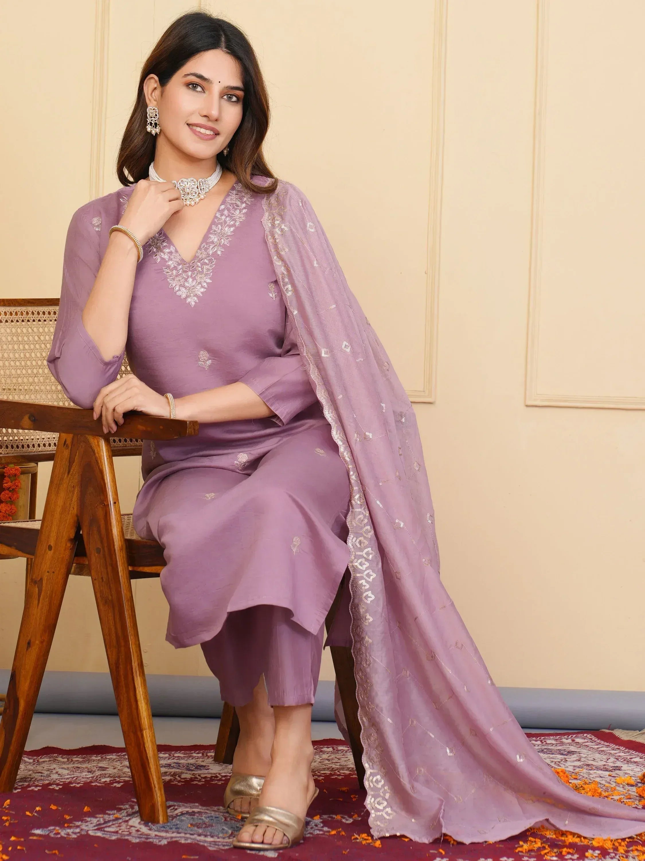 Lavender ethnic salwar kameez with floral embroidery and matching dupatta, perfect for Indian occasions