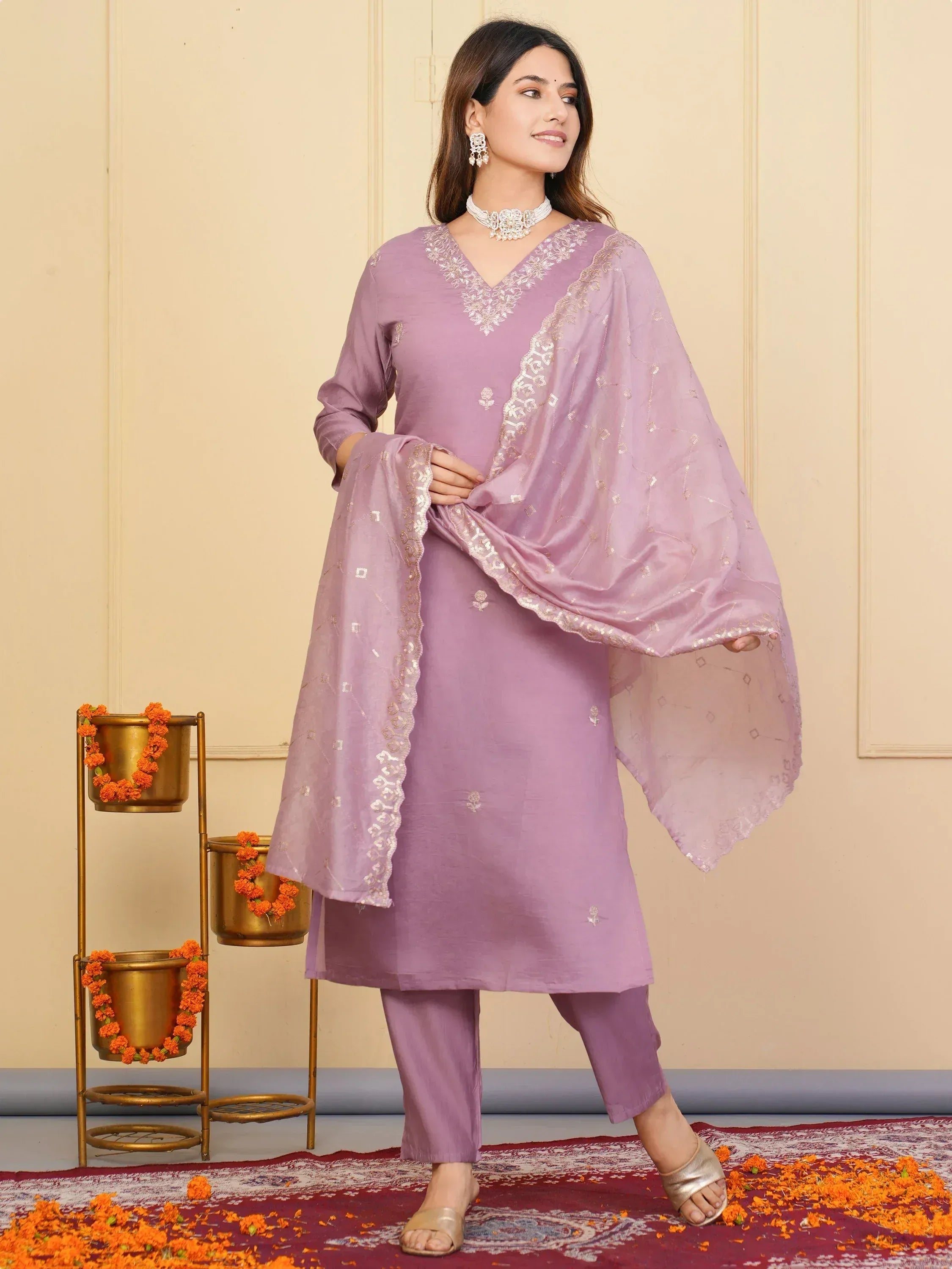 Lavender ethnic salwar kameez with embroidered dupatta, perfect for Indian festive occasions