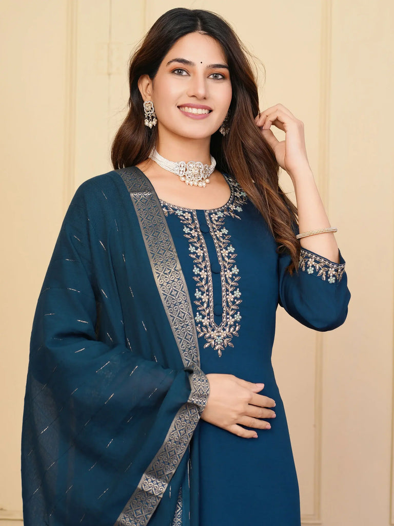 Excellent Blue Embroidered Viscose Festival Wear Pant Suit With Dupatta