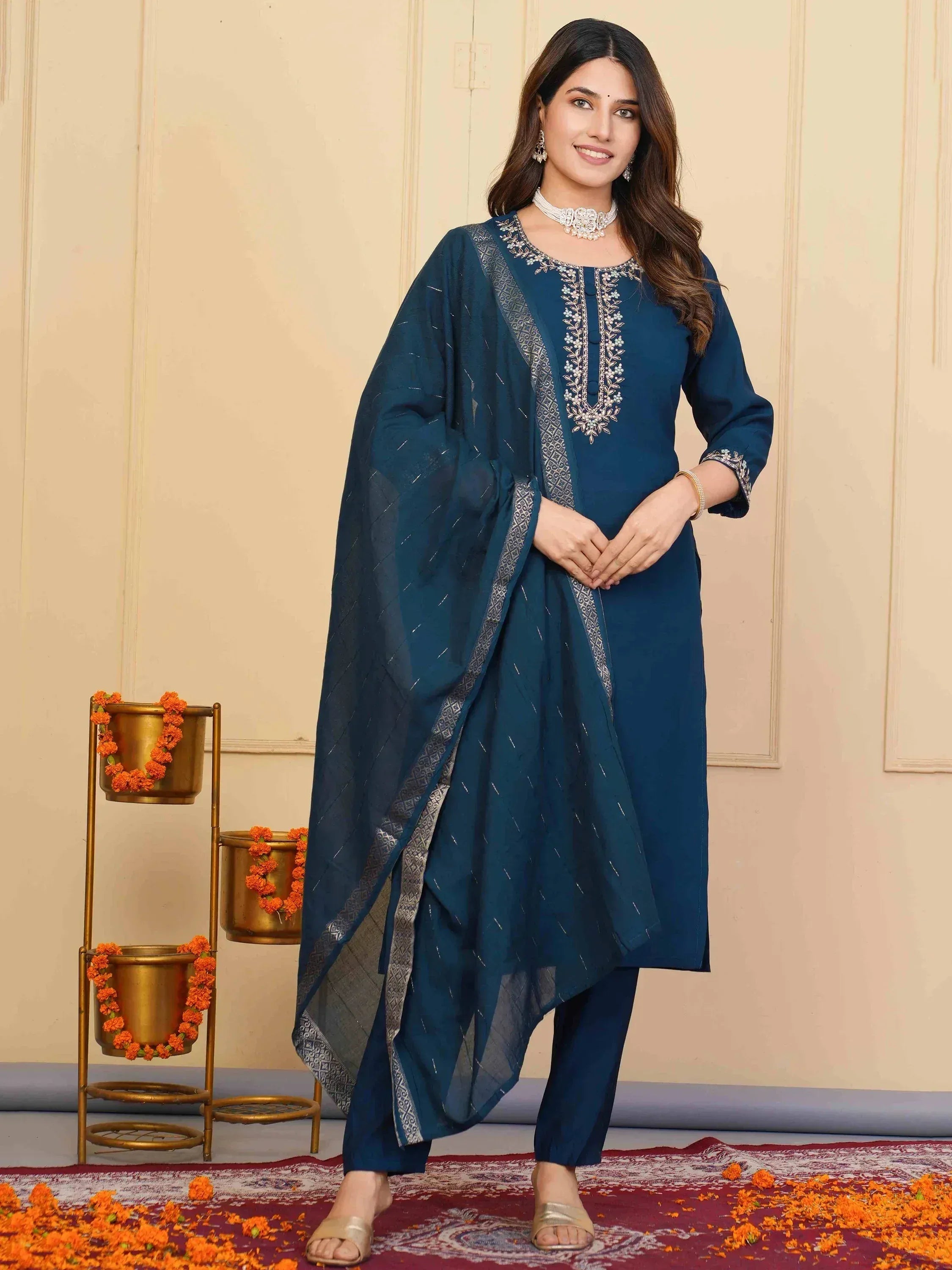 Blue embroidered salwar kameez with matching dupatta, perfect for Indian ethnic wear occasions