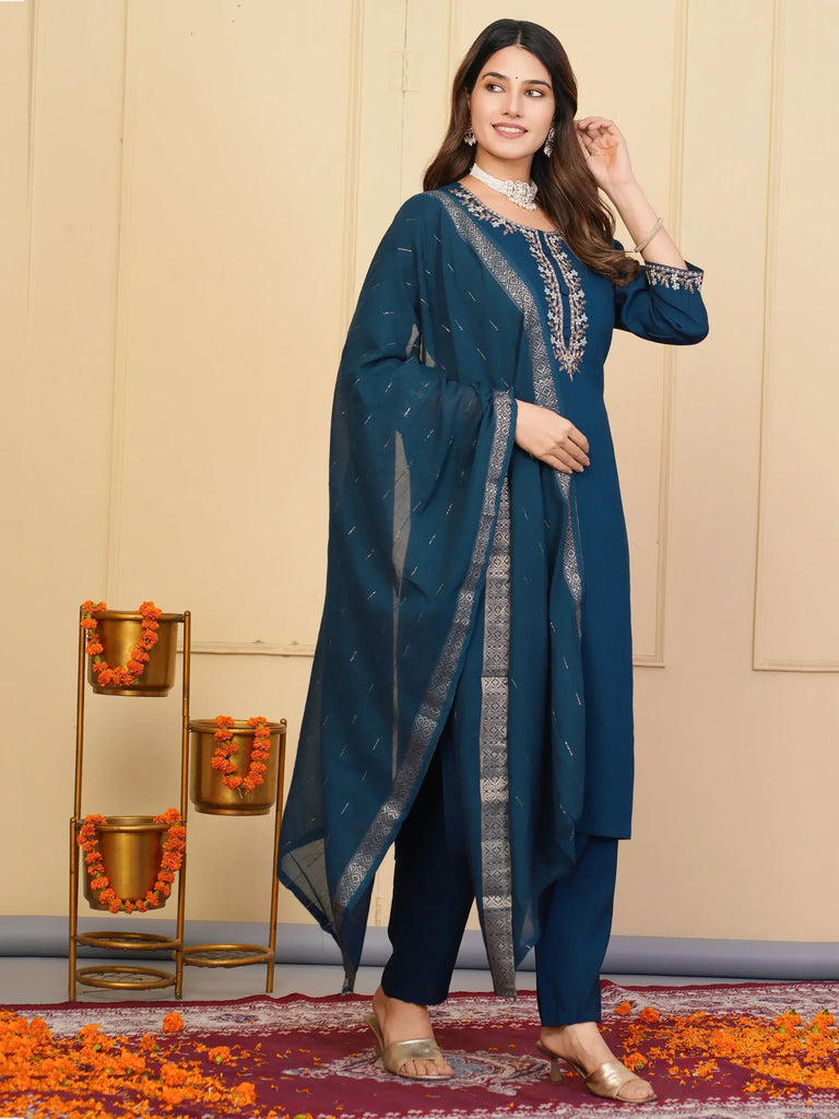 Excellent Blue Embroidered Viscose Festival Wear Pant Suit With Dupatta