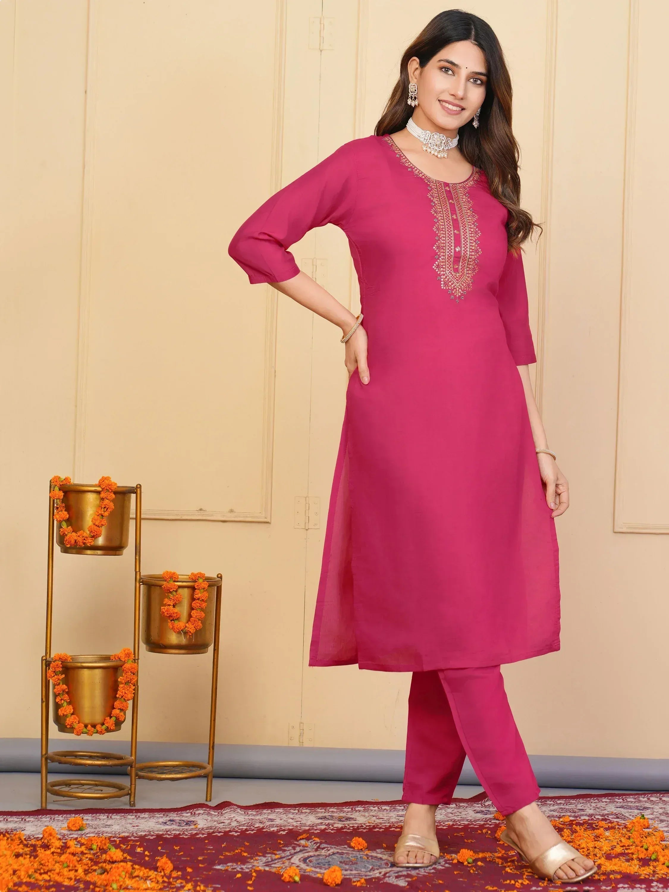 Pink embroidered kurta with matching pants, Indian ethnic wear for women, festive occasion outfit