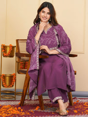 Outstanding Purple Embroidered Viscose Event Wear Pant Suit