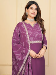 Outstanding Purple Embroidered Viscose Event Wear Pant Suit