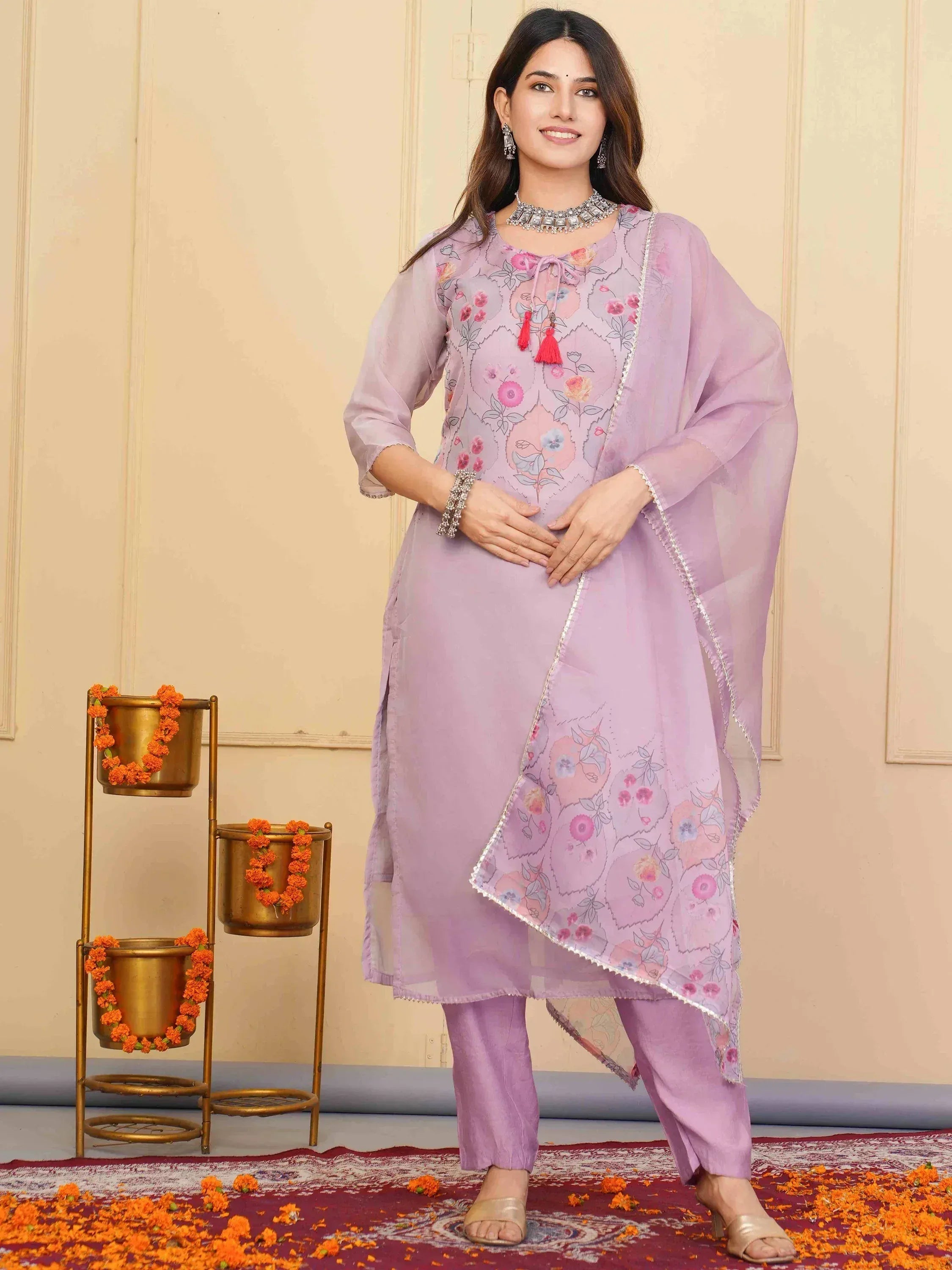 Lavender floral printed salwar kameez with matching dupatta, perfect for ethnic occasions