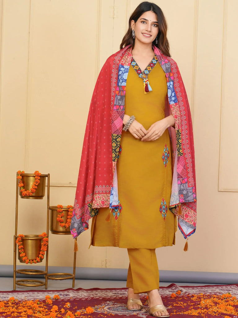 Lovely Mustard Yellow Embroidered Viscose Traditional Pant Suit