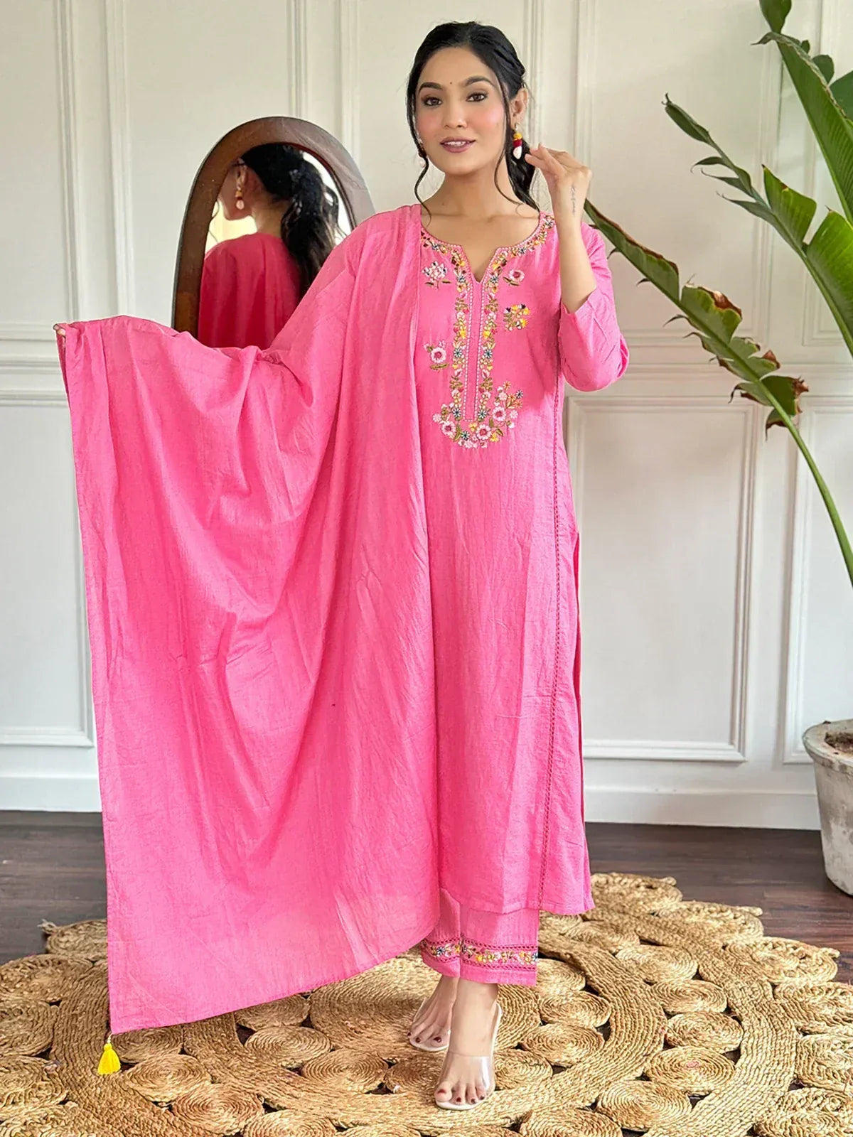 Pink embroidered kurta set with palazzo pants and dupatta, Indian ethnic wear for women