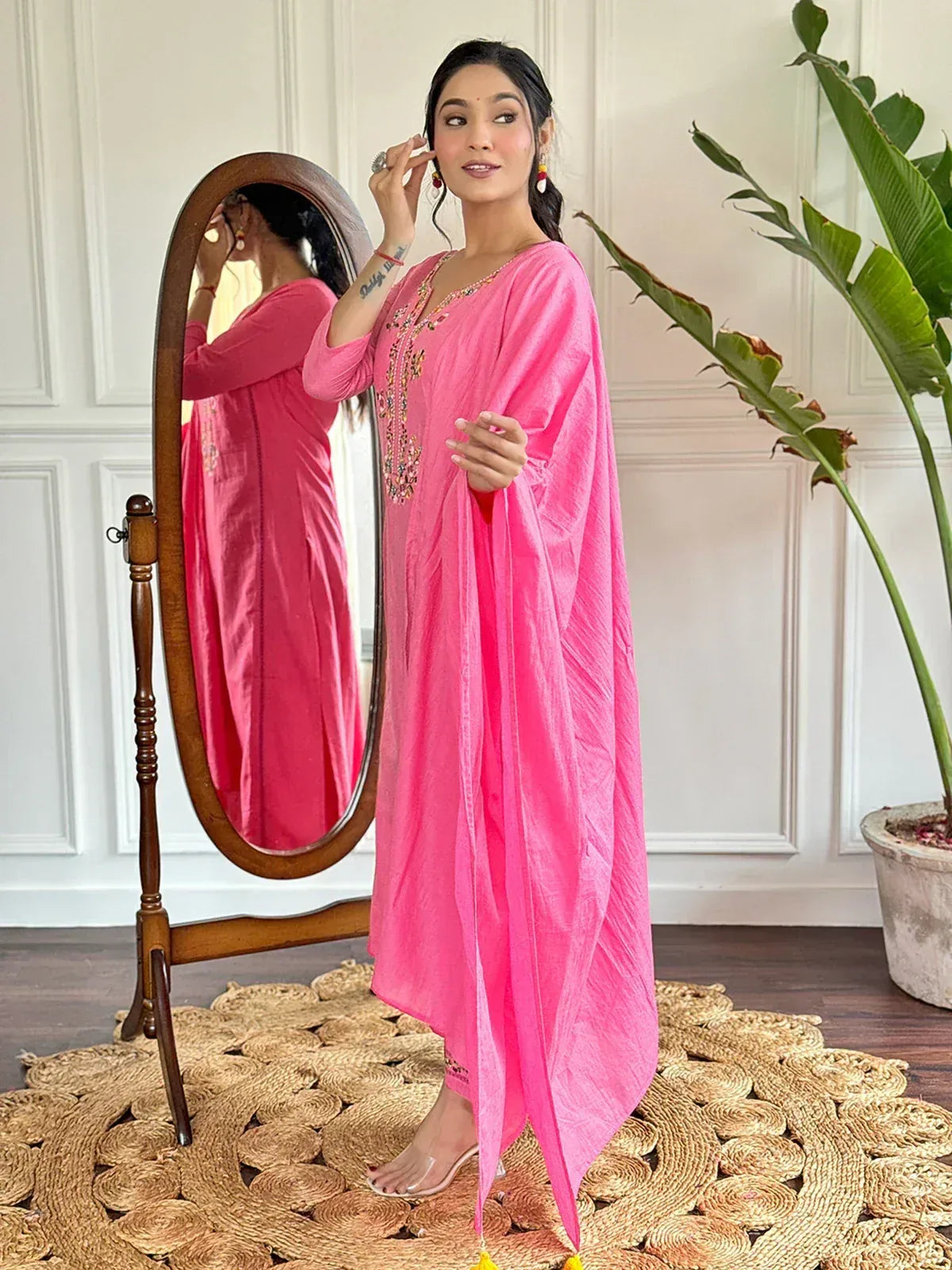 Pink embroidered ethnic gown with mirror reflection, stylish Indian wear for women