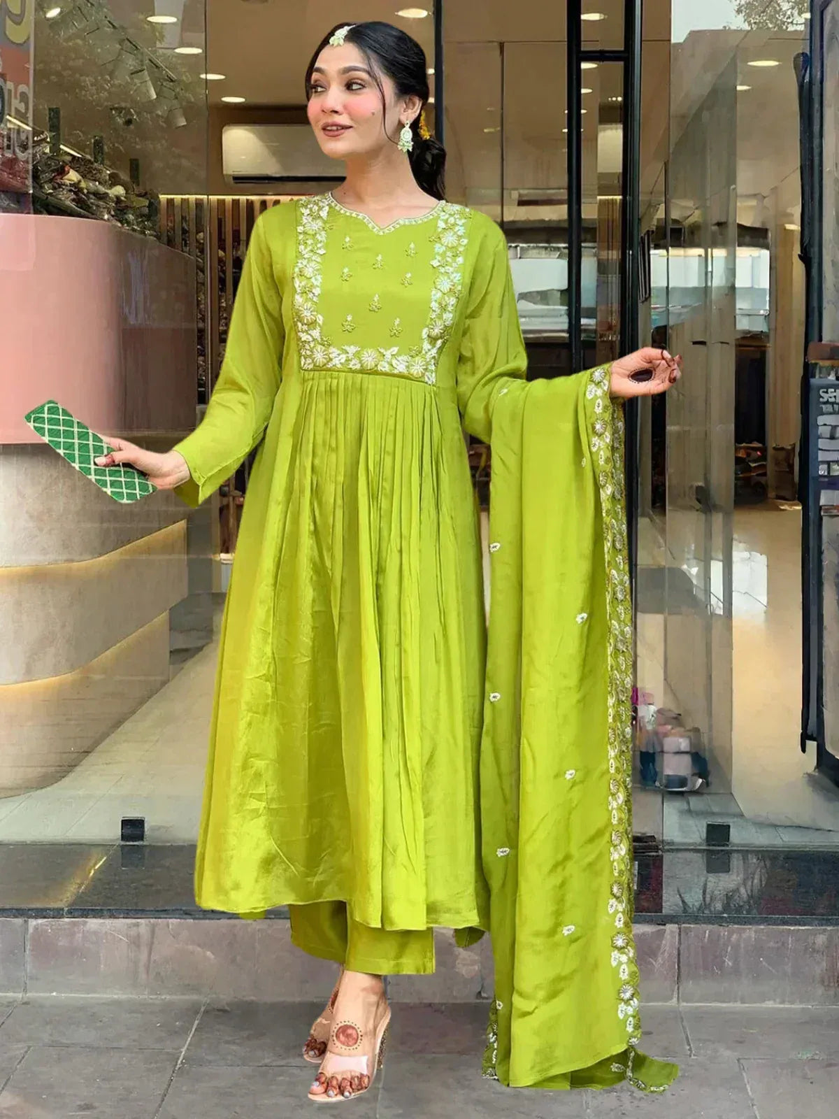 Lime green embroidered Anarkali suit with matching dupatta, perfect for Indian ethnic occasions
