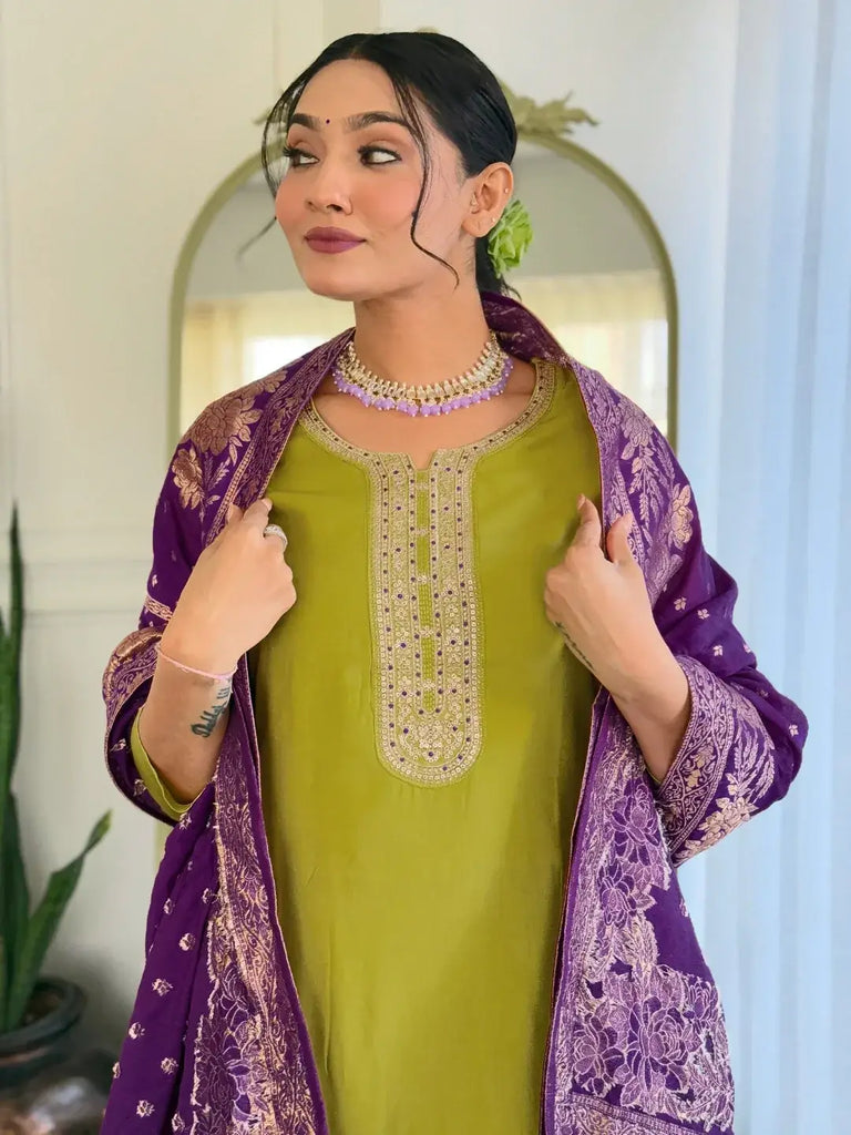 Enchanting Green Embroidered Viscose Traditional Pant Suit