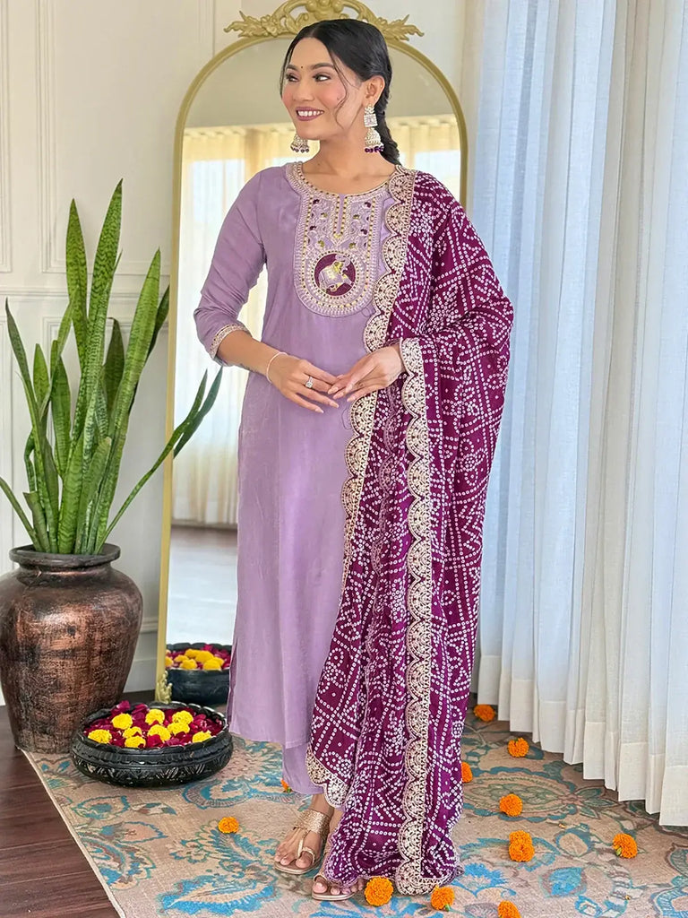Glamorous Lavender Viscose Pant Suit With Bandhani Dupatta