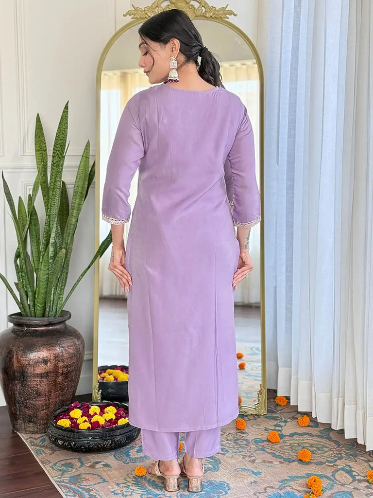 Glamorous Lavender Viscose Pant Suit With Bandhani Dupatta