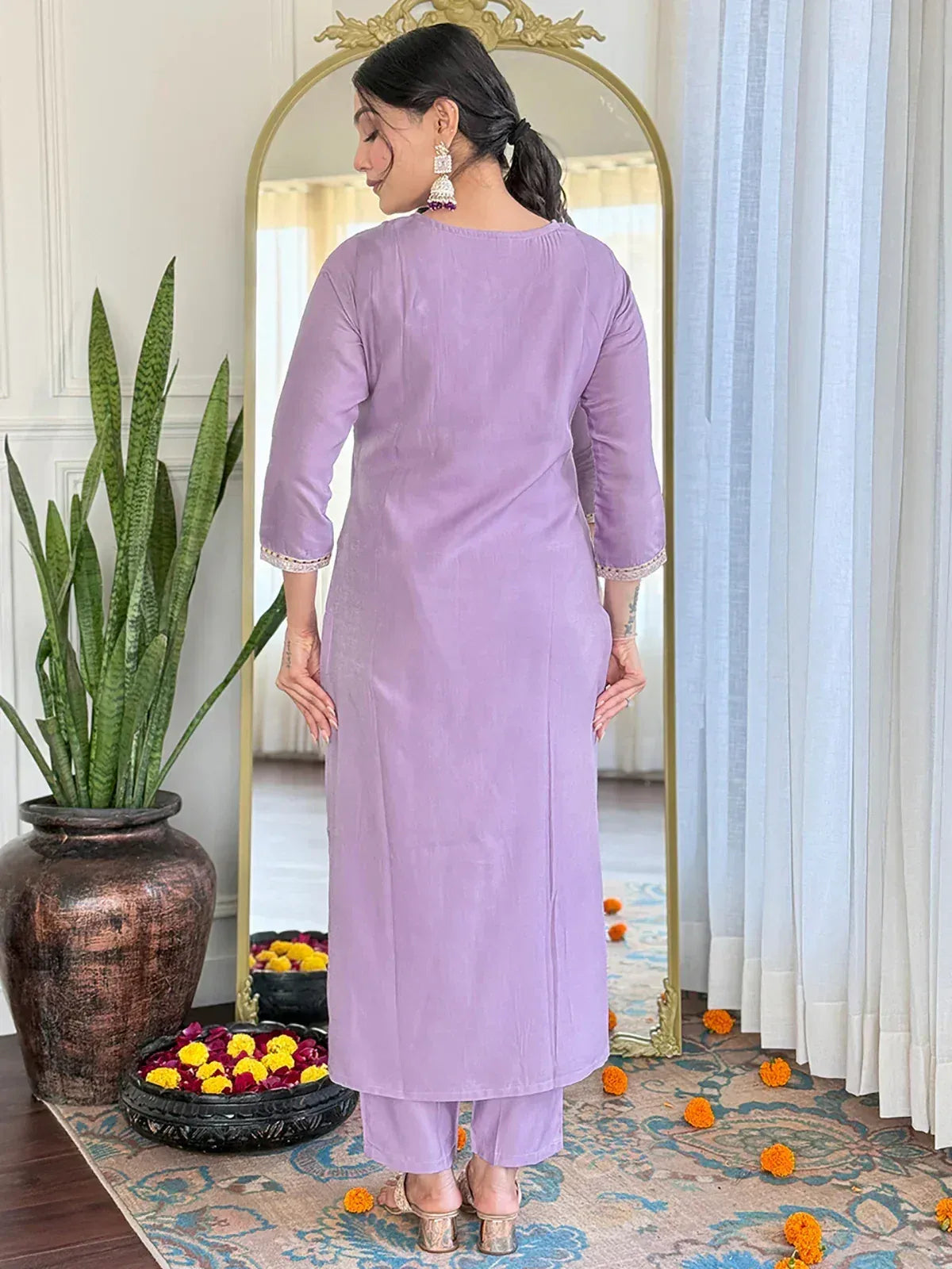 Lavender ethnic kurta with matching pants, elegant Indian wear for women