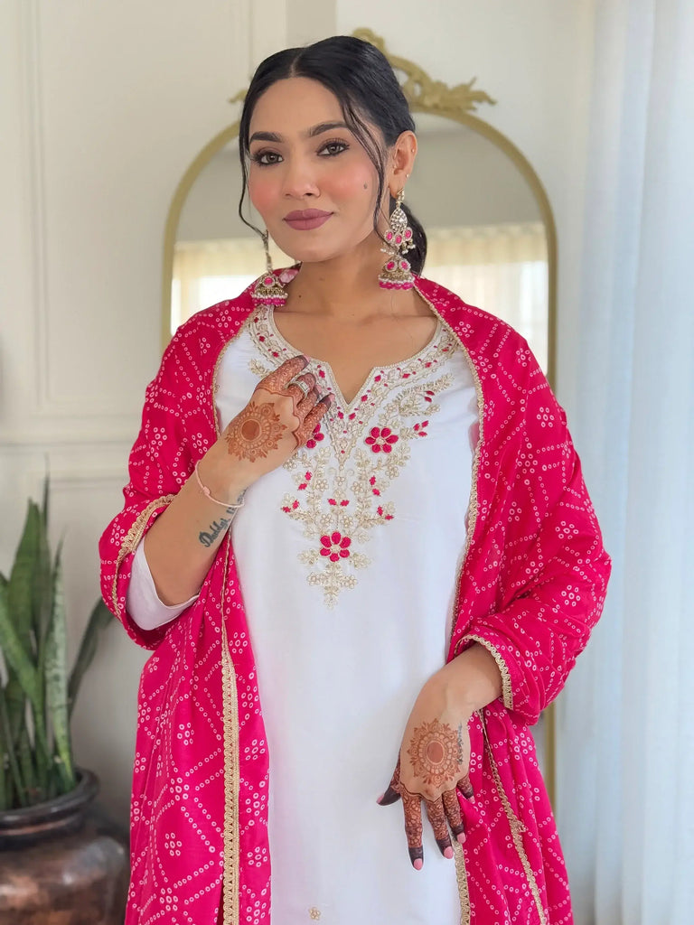 Beautiful White Embroidered Viscose Traditional Pant Suit With Dupatta