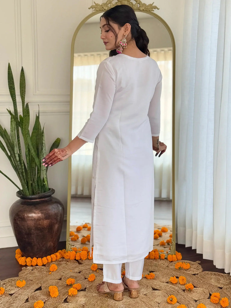 Beautiful White Embroidered Viscose Traditional Pant Suit With Dupatta