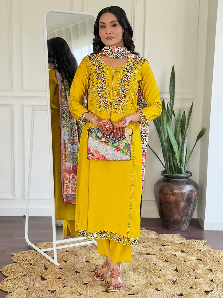 Stunning Yellow Floral Embroidered Viscose Event Wear Pant Suit