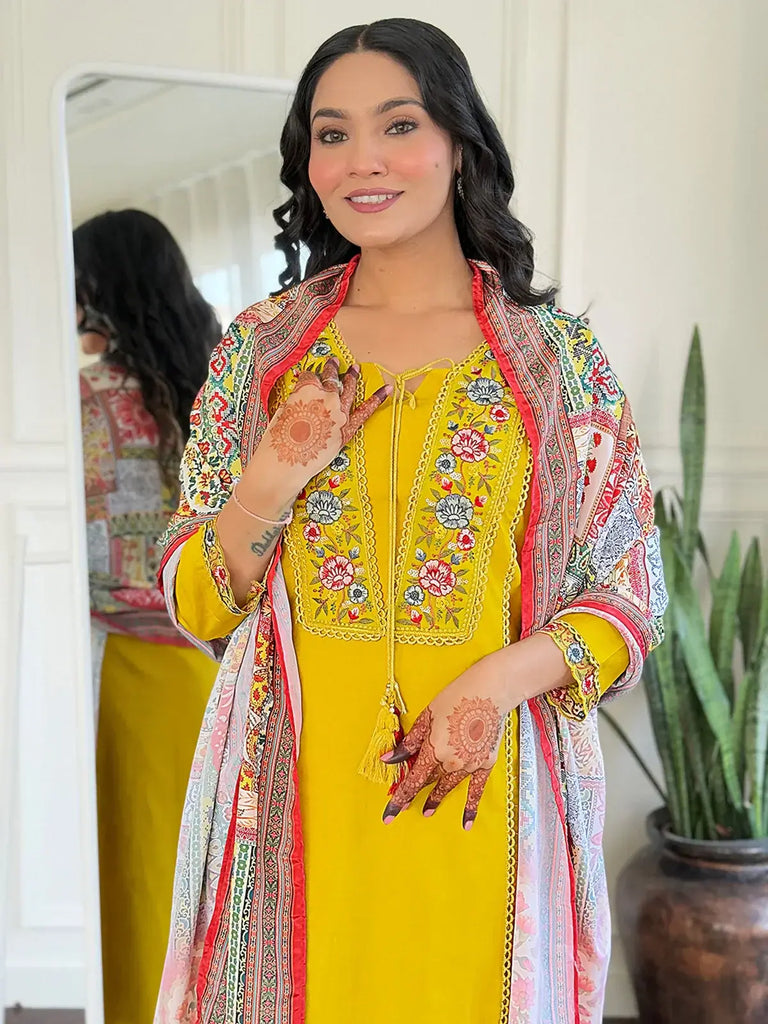 Stunning Yellow Floral Embroidered Viscose Event Wear Pant Suit