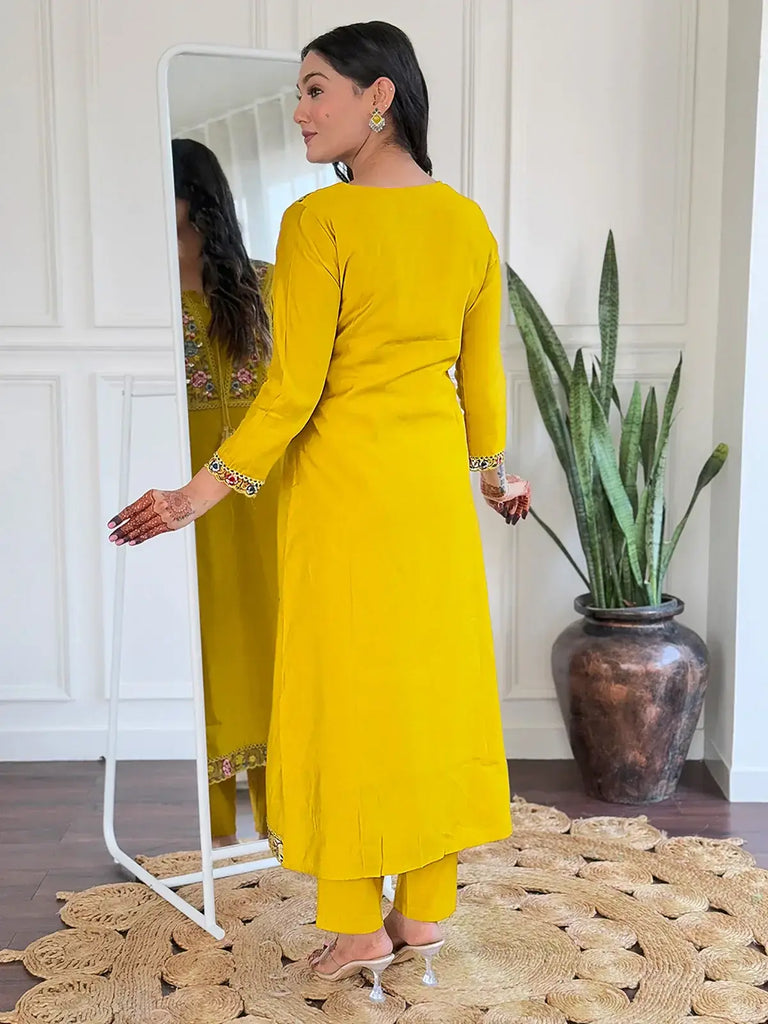 Stunning Yellow Floral Embroidered Viscose Event Wear Pant Suit