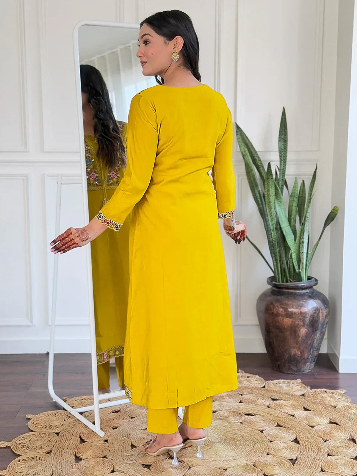 Stunning Yellow Floral Embroidered Viscose Event Wear Pant Suit