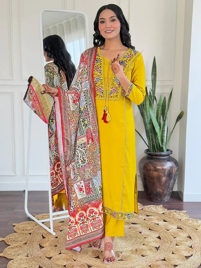 Stunning Yellow Floral Embroidered Viscose Event Wear Pant Suit