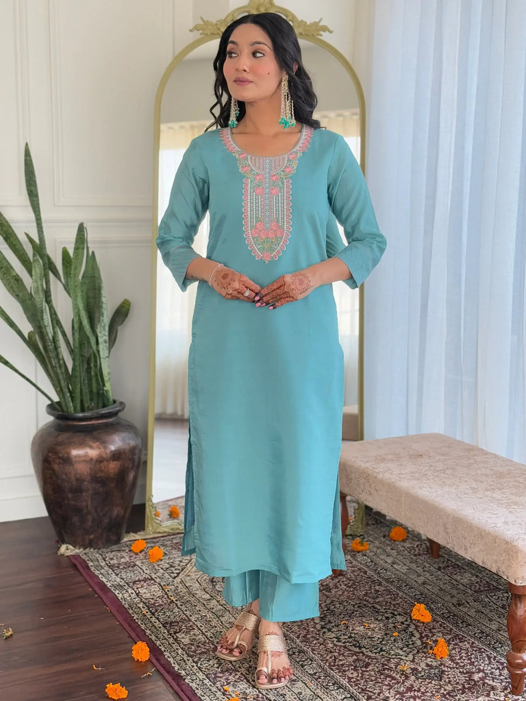 Gorgeous Sky Blue Thread Embroidered Chanderi Pant Suit With Dupatta
