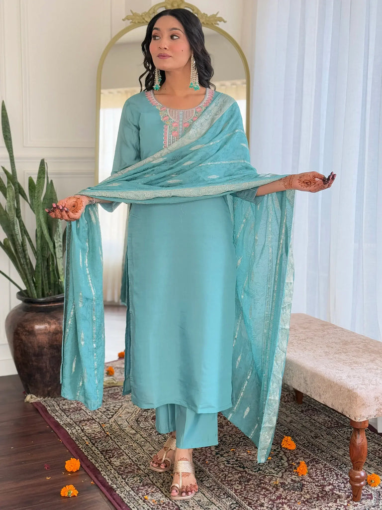 Gorgeous Sky Blue Thread Embroidered Chanderi Pant Suit With Dupatta