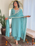 Gorgeous Sky Blue Thread Embroidered Chanderi Pant Suit With Dupatta