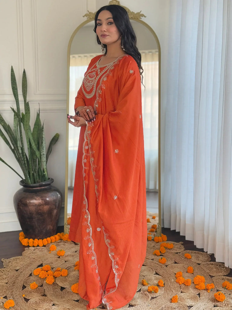 Attractive Orange Embroidered Silk Festival Wear Pant Suit With Dupatta