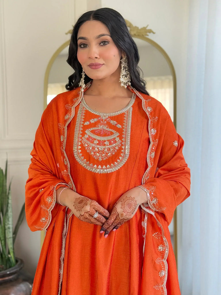 Attractive Orange Embroidered Silk Festival Wear Pant Suit With Dupatta