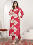 Adorable Red Floral Printed Rayon Casual Wear Kurti With Pant
